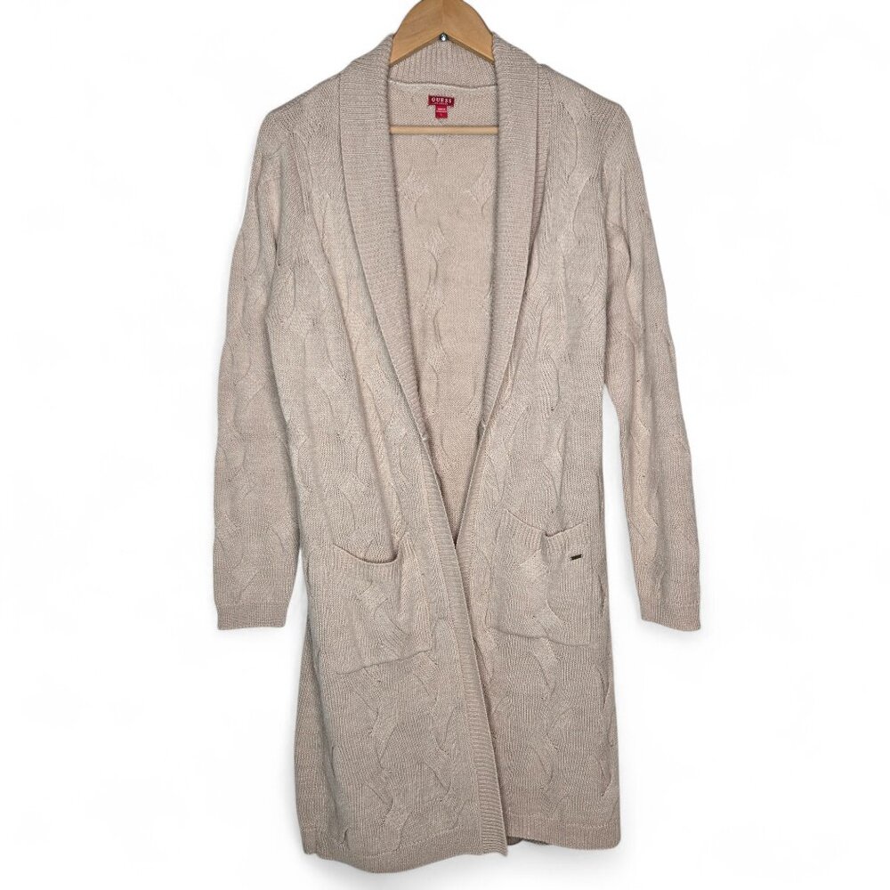 Guess Woven Cable Knit Long Cardigan Sweater Women's Shawl Collar Drop Pocket L‎